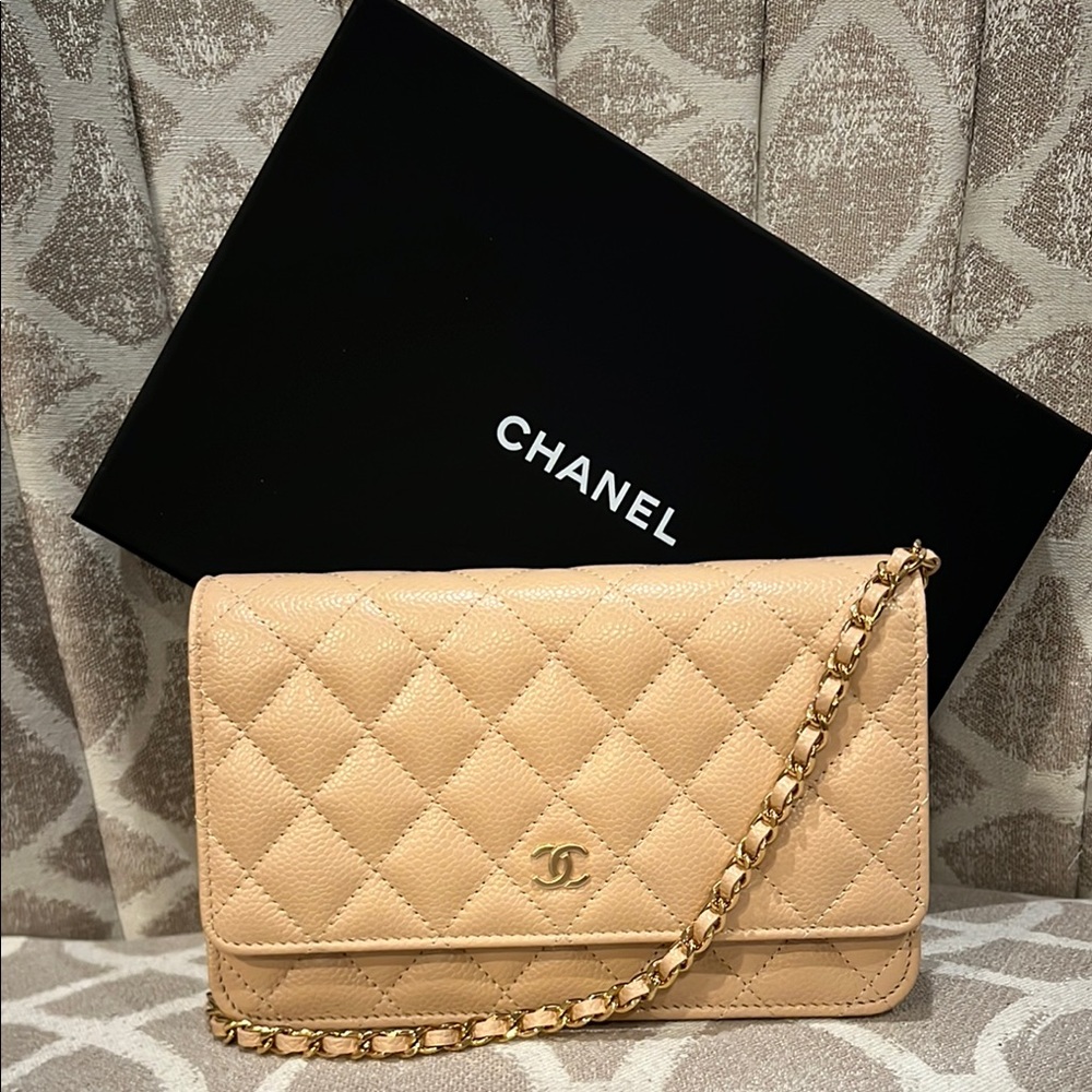 Chanel Beige Calfskin Classic Wallet on a Chain